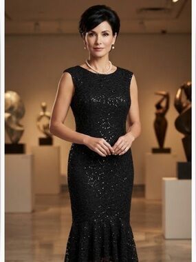 MARINA Black Sequin Lace Midi Dress